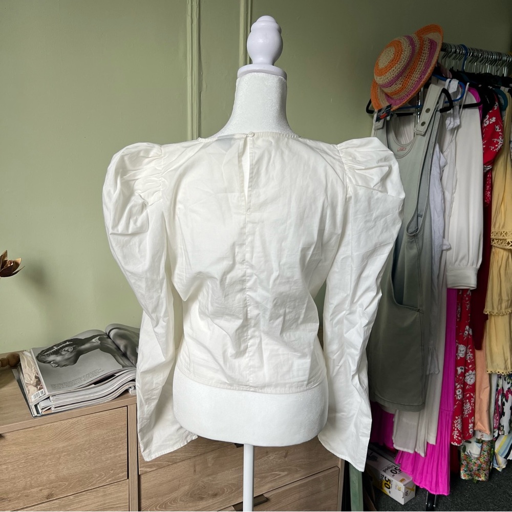 White Puff Long-Sleeve Ruched Detail Corset Modest Cute Blouse Shirt Top Sz M-L - Picture 9 of 15